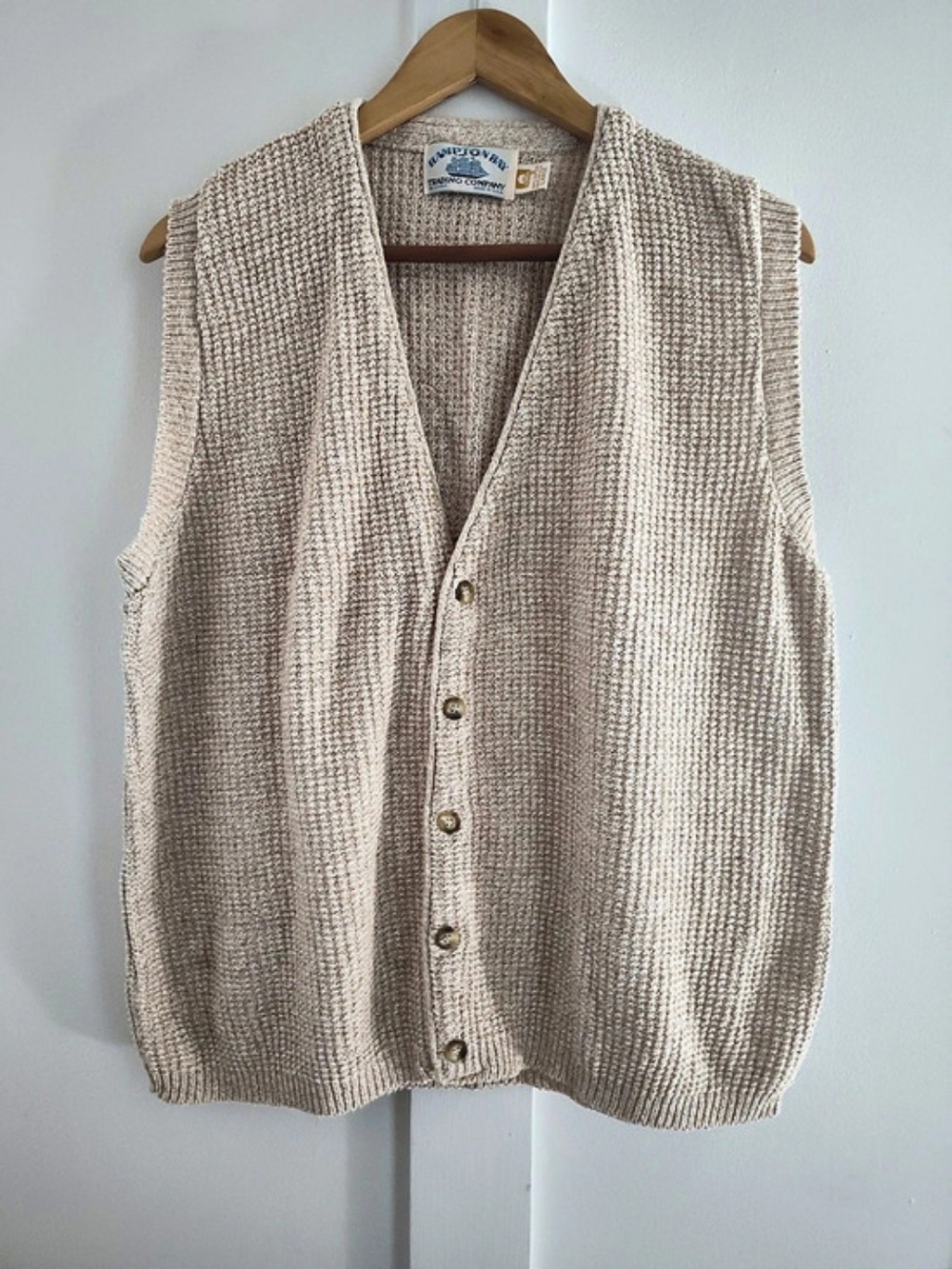 Hampton Bay Vintage Fisherman Core Textured Beige Button Front Sweater Vest | Lg